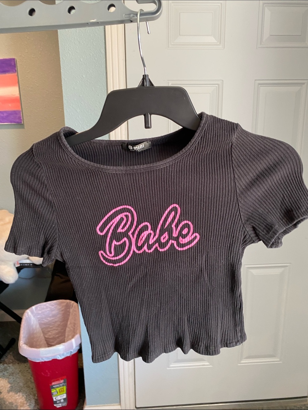 Black Ribbed Crop Top with Pink "Babe" Script